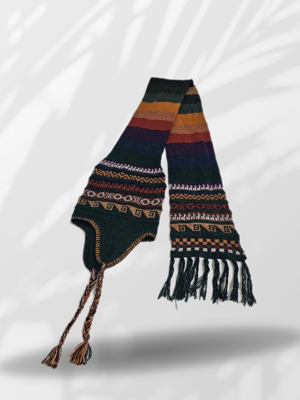 Striped Knit Earflap Scarf in Forest Green & Multicolor